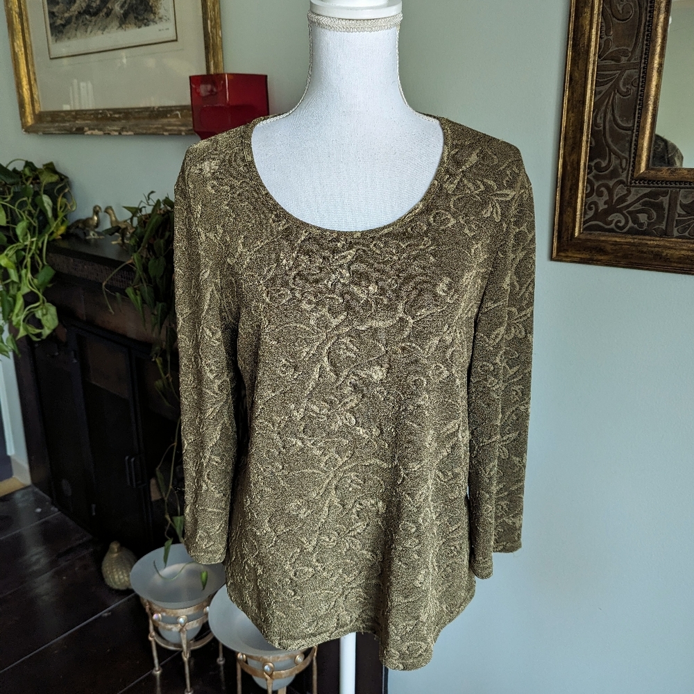 90s Jaclyn Smith Women's Large Olive Green Floral Slinky Knit Top 3/4 Sleeve 184